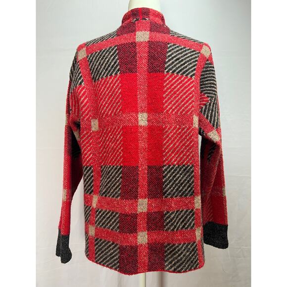 CabinCore Cyrus Red Plaid Wool Blend Cozy Cottage Cardigan Sweater Medium - Picture 2 of 13
